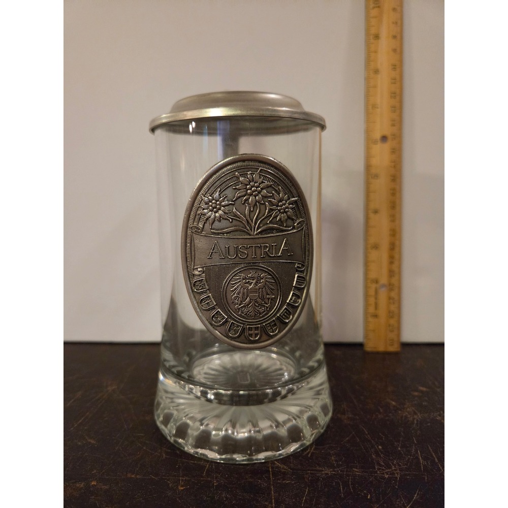 Domex Austria Glass Beer Stein with Metal Lid and Medallion Clear Pewter Tone